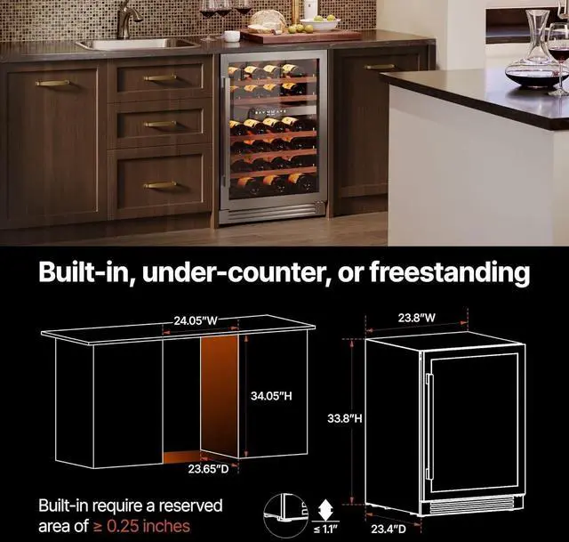 Alt view image 6 of 7 - Ca'Lefort 24 Inch 52 Bottle Wine Fridge & Cooler, 40-65°F Dual Zone Wine Refrigerator with 2-Layer Glass Door, Adjustable Shelves, 3 LED Lights, Built in/Freestanding for Home/Bar/Kitchen, 5.65 Cu.ft