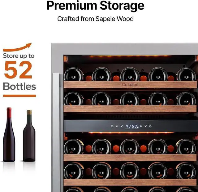 Alt view image 2 of 7 - Ca'Lefort 24 Inch Wine Refrigerator Cooler, 52 Bottles Dual Zone Wine Fridge with Glass Door, 40-65°F, Adjustable Shelves & 3 LED Lights, Built-in/Freestanding for Home Kitchen/Bar/Office (5.65 cu.ft)