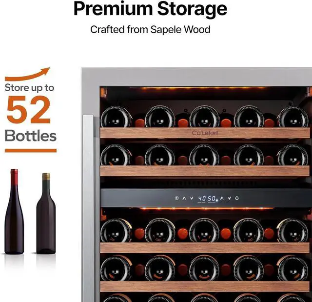 Alt view image 3 of 7 - Ca'Lefort 24 Inch Dual Zone Wine Fridge & Cooler, 5.65 Cu.ft Capacity Holds on 52 Bottles, Double-Layer Glass Door, Adjustable Shelves & 3-Color LED, 40-65°F, Built-in/Freestanding for Home Bar Office
