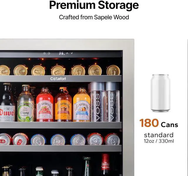 Alt view image 3 of 7 - Ca'Lefort 24 Inch Beverage Refrigerator Cooler, 180 Can Beverage Fridge with Dual-Layer Glass Door, Adjustable Shelves, 34-54°F, Built in/Freestanding Drinks Soda Beer Fridge for Home Bar, 5.65 Cu.ft