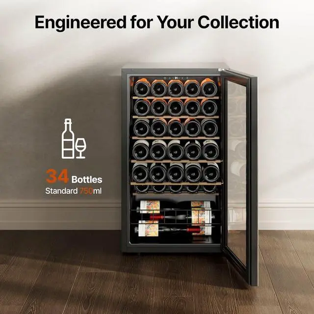 Alt view image 2 of 7 - Ca'Lefort 34 Bottle Wine Refrigerator Cooler, Mini Fridge with Double-Pane Glass Door, Adjustable Shelves, 3-Color LED Lighting, 37-65°F Freestanding /Under Counter for Home Bar Office, 3.35 Cu.ft