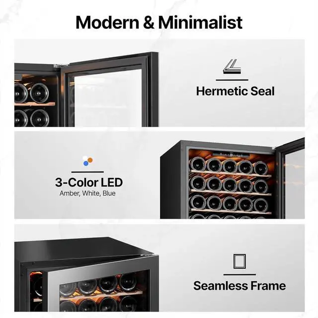Alt view image 6 of 7 - Ca'Lefort 34 Bottle Wine Refrigerator Cooler, Mini Fridge with Double-Pane Glass Door, Adjustable Shelves, 3-Color LED Lighting, 37-65°F Freestanding /Under Counter for Home Bar Office, 3.35 Cu.ft