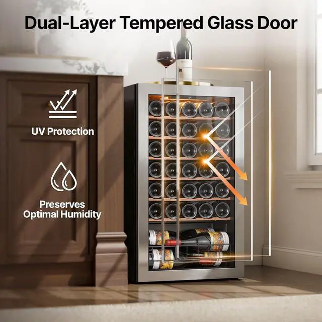 Alt view image 5 of 7 - Ca'Lefort 34 Bottle Wine Refrigerator Cooler, Mini Fridge with Double-Pane Glass Door, Adjustable Shelves, 3-Color LED Lighting, 37-65°F Freestanding /Under Counter for Home Bar Office, 3.35 Cu.ft