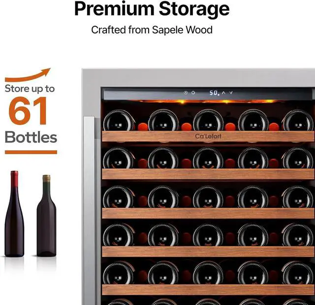 Alt view image 2 of 7 - Ca'Lefort 24 Inch Wine Fridge, 61 Bottle Wine Cooler Refrigerator, Double-Pane Glass Door, Adjustable Shelves, 3 LED Lights, 40-65°F Digital Touch Control, Built-in/Freestanding for Home Bar Office