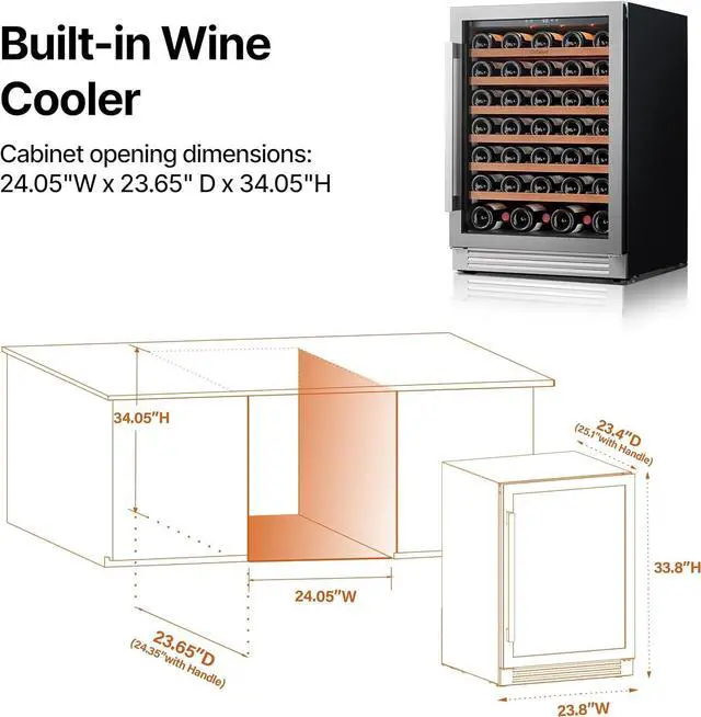 Alt view image 6 of 7 - Ca'Lefort Wine Fridge - 24 Inch 61 Bottle Wine Cooler Refrigerator, Glass Door, Adjustable Shelves, 40-65°F Digital Temperature Control, 3 LED Lights, Built-in/Freestanding for Home Bar (5.65 Cu.ft)