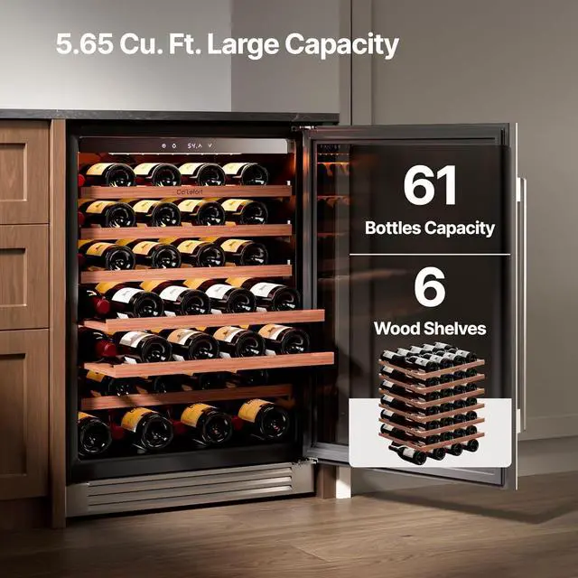 Alt view image 2 of 7 - Ca'Lefort Wine Fridge - 24 Inch 61 Bottle Wine Cooler Refrigerator, Glass Door, Adjustable Shelves, 40-65°F Digital Temperature Control, 3 LED Lights, Built-in/Freestanding for Home Bar (5.65 Cu.ft)