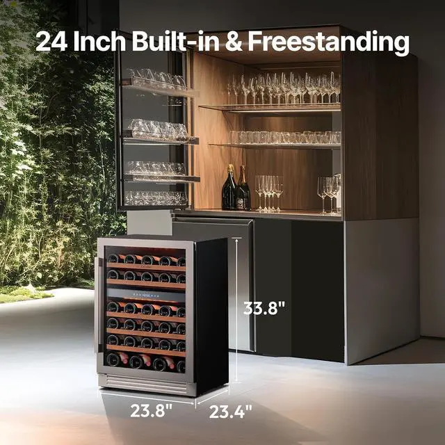 Alt view image 2 of 7 - Ca'Lefort 24 Inch Dual Zone Wine Fridge & Cooler, 5.65 Cu.ft Capacity Holds 52 Bottles, Double-Layer Glass Door, 5 Adjustable Shelves & 3 LED Lights, 40-65°F, Built-in/Freestanding for Home Bar Office