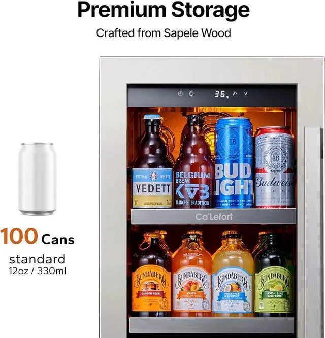 Alt view image 2 of 7 - Ca'Lefort 15 Inch Beverage Refrigerator Cooler - 100 Can Drink Mini Fridge with Glass Door for Soda Beer or Wine, Adjustable Shelves, 3 Color LED Lights, Built in/Freestanding for Home Bar Office
