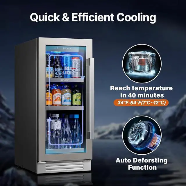Alt view image 4 of 7 - Ca'Lefort 15 Inch Beverage Refrigerator Cooler - 100 Can Drink Mini Fridge with Glass Door for Soda Beer or Wine, Adjustable Shelves, 3 Color LED Lights, Built in/Freestanding for Home Bar Office