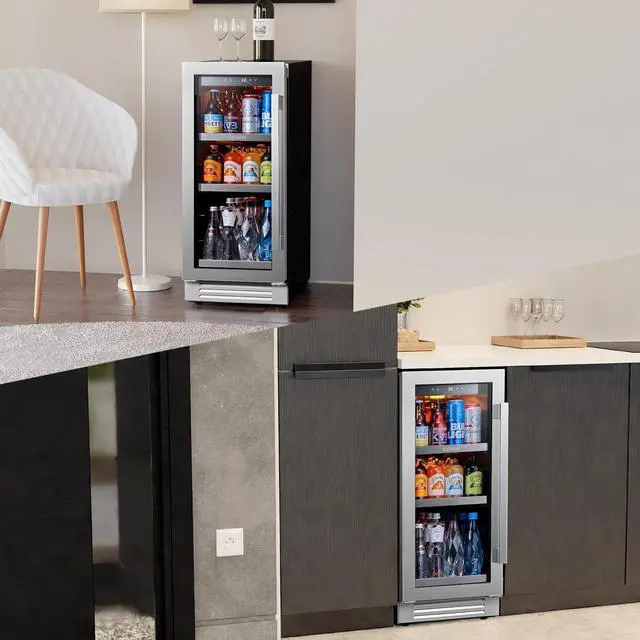 Alt view image 7 of 7 - Ca'Lefort 15 Inch Beverage Refrigerator Cooler - 100 Can Drink Mini Fridge with Glass Door for Soda Beer or Wine, Adjustable Shelves, 3 Color LED Lights, Built in/Freestanding for Home Bar Office