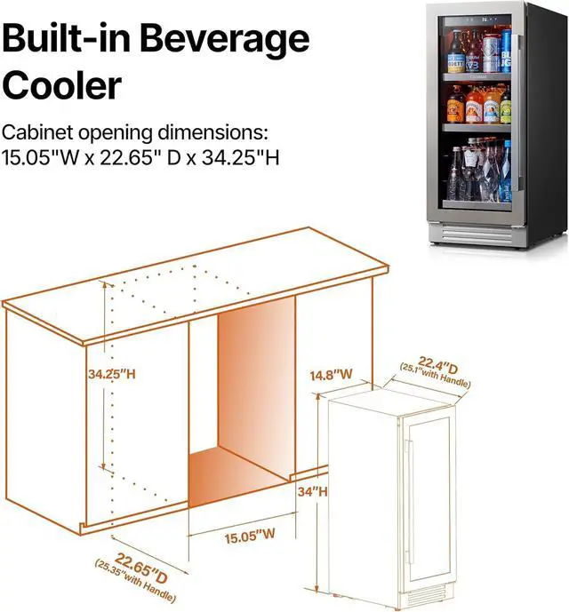 Alt view image 6 of 7 - Ca'Lefort 15 Inch Beverage Refrigerator Cooler - 100 Can Drink Mini Fridge with Glass Door for Soda Beer or Wine, Adjustable Shelves, 3 Color LED Lights, Built in/Freestanding for Home Bar Office
