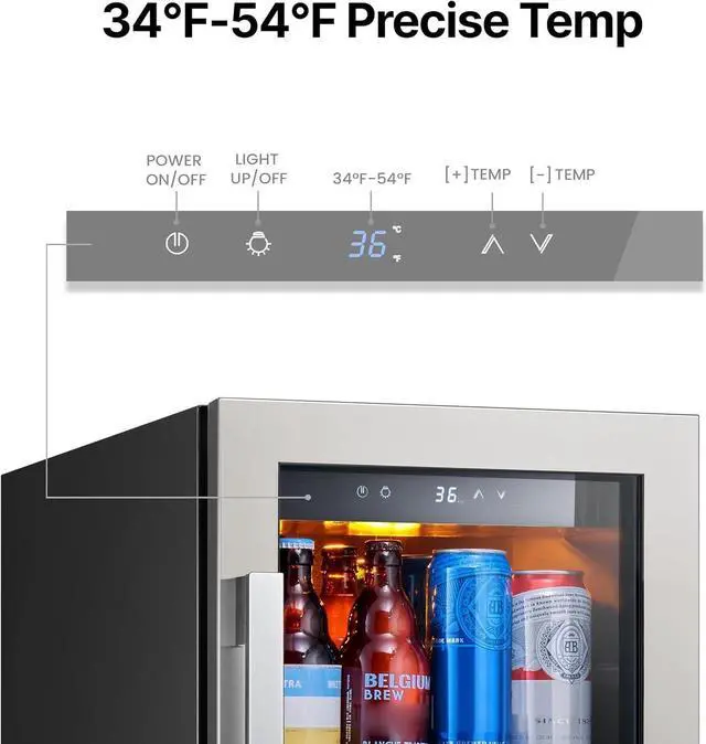 Alt view image 3 of 7 - Ca'Lefort 15 Inch Beverage Fridge, 100 Can Beverage Refrigerator with Glass Door & Removable Shelves, 3 LED Lights, 34-54°F Built-in or Freestanding Drink Fridge for Kitchen, Home Bar, Office(3 Cu.ft)