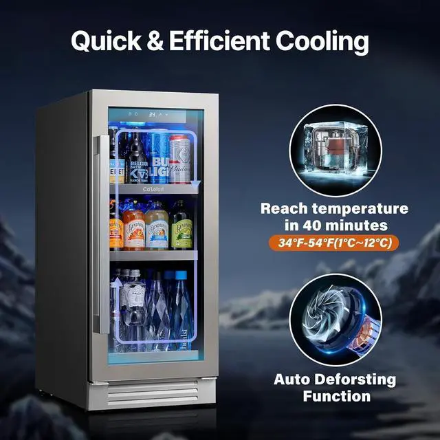 Alt view image 5 of 7 - Ca'Lefort 15 Inch Beverage Fridge, 100 Can Beverage Refrigerator with Glass Door & Removable Shelves, 3 LED Lights, 34-54°F Built-in or Freestanding Drink Fridge for Kitchen, Home Bar, Office(3 Cu.ft)