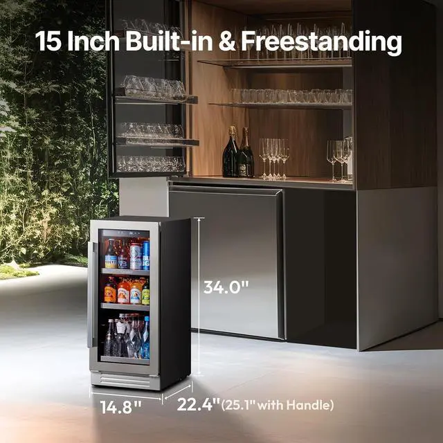 Alt view image 2 of 7 - Ca'Lefort 15 Inch Beverage Fridge, 100 Can Beverage Refrigerator with Glass Door & Removable Shelves, 3 LED Lights, 34-54°F Built-in or Freestanding Drink Fridge for Kitchen, Home Bar, Office(3 Cu.ft)