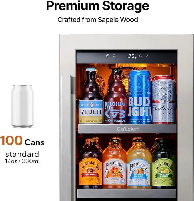 Alt view image 4 of 7 - Ca'Lefort 15 Inch Beverage Fridge, 100 Can Beverage Refrigerator with Glass Door & Removable Shelves, 3 LED Lights, 34-54°F Built-in or Freestanding Drink Fridge for Kitchen, Home Bar, Office(3 Cu.ft)