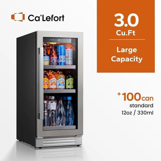 Alt view image 2 of 7 - Ca'Lefort 15 Inch Beverage Refrigerator Cooler - 100 Can Mini Fridge with Glass Door, Adjustable Shelves, 34-54°F Digital Temperature Control, Built-in/Freestanding for Kitchen Bar Office (3.0 cu.ft)