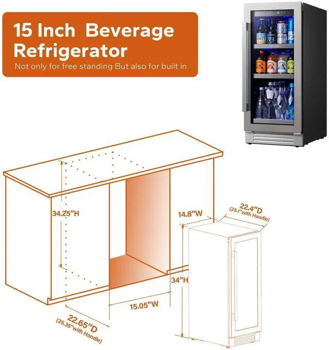 Alt view image 4 of 7 - Ca'Lefort 15 Inch Beverage Refrigerator Cooler - 100 Can Mini Fridge with Glass Door, Adjustable Shelves, 34-54°F Digital Temperature Control, Built-in/Freestanding for Kitchen Bar Office (3.0 cu.ft)