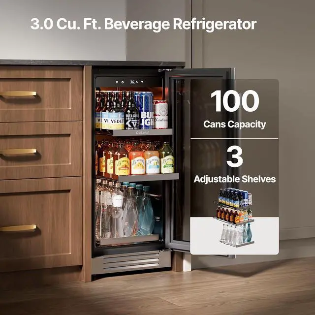 Alt view image 2 of 7 - Ca'Lefort 15 Inch Beverage Cooler - 100 Can Beverage Refrigerator with Glass Door & Removable Shelves, 34°F-54°F Digital Temp Control, Ideal for Soda Beer Wine, Built-in or Freestanding for Home/Bar