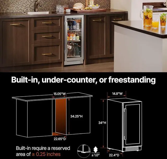 Alt view image 6 of 7 - Ca'Lefort 15 Inch Beverage Cooler - 100 Can Beverage Refrigerator with Glass Door & Removable Shelves, 34°F-54°F Digital Temp Control, Ideal for Soda Beer Wine, Built-in or Freestanding for Home/Bar