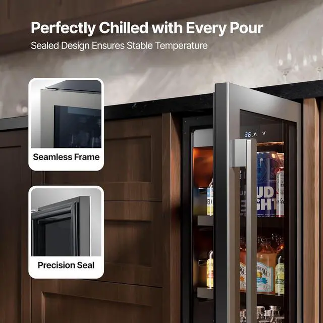 Alt view image 5 of 7 - Ca'Lefort 15 Inch Beverage Cooler - 100 Can Beverage Refrigerator with Glass Door & Removable Shelves, 34°F-54°F Digital Temp Control, Ideal for Soda Beer Wine, Built-in or Freestanding for Home/Bar