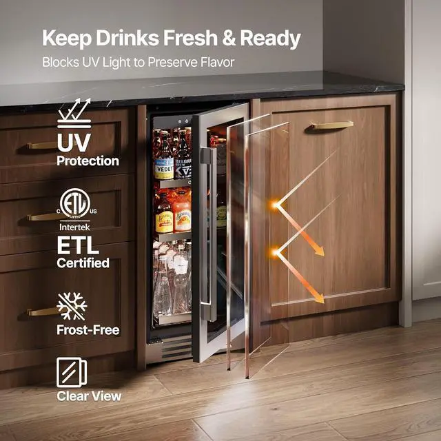 Alt view image 3 of 7 - Ca'Lefort 15 Inch Beverage Cooler - 100 Can Beverage Refrigerator with Glass Door & Removable Shelves, 34°F-54°F Digital Temp Control, Ideal for Soda Beer Wine, Built-in or Freestanding for Home/Bar