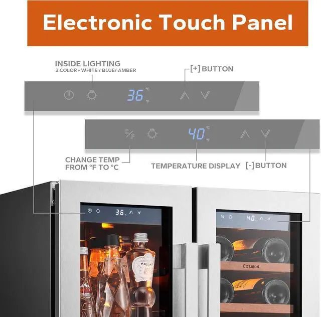 Alt view image 2 of 7 - Ca'Lefort 24 Inch Wine and Beverage Refrigerator, 60 Can and 20 Bottle Cooler, Dual Zone 36-72°F Built-in/Freestanding Fridge with Glass French Door & Removable Shelves, for Home Bar Office(4.1 cu.ft)