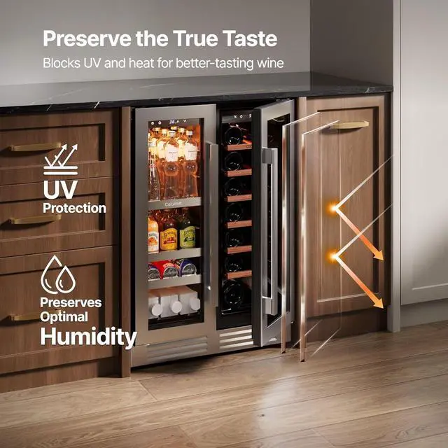 Alt view image 4 of 7 - Ca'Lefort 24 Inch Wine and Beverage Refrigerator, 60 Can and 20 Bottle Cooler, Dual Zone 36-72°F Built-in/Freestanding Fridge with Glass French Door & Removable Shelves, for Home Bar Office(4.1 cu.ft)
