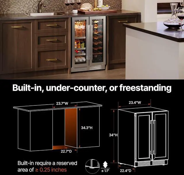 Alt view image 6 of 7 - Ca'Lefort 24 Inch Wine and Beverage Refrigerator, 60 Can and 20 Bottle Cooler, Dual Zone 36-72°F Built-in/Freestanding Fridge with Glass French Door & Removable Shelves, for Home Bar Office(4.1 cu.ft)