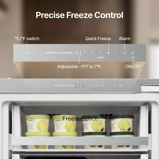 Alt view image 4 of 7 - Ca'Lefort 24 Inch Column Panel Ready Refrigerator, 3.75 Cu.ft All-Freezer, -11°F-7°F Touch Control, Powerful Compressor, Reversible Door, Built In or Under Counter for Home Kitchen(Panel Not Included)