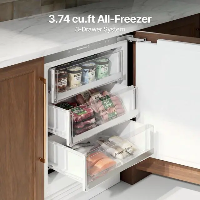 Alt view image 3 of 7 - Ca'Lefort 24 Inch Column Panel Ready Refrigerator, 3.75 Cu.ft All-Freezer, -11°F-7°F Touch Control, Powerful Compressor, Reversible Door, Built In or Under Counter for Home Kitchen(Panel Not Included)