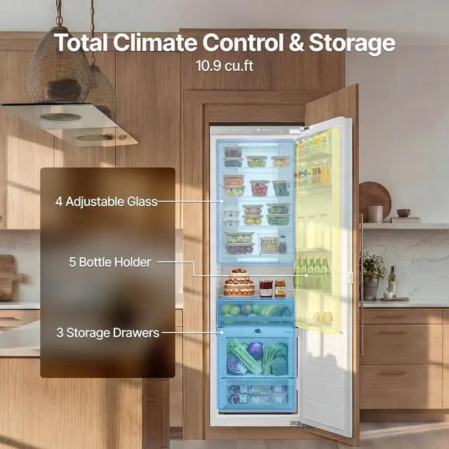 Alt view image 3 of 7 - Ca'Lefort 22 Inch Panel Ready All-Fresh Refrigerator, 10.9 Cu.ft Built-In Fridge, 36-46°F Dual Zone Temperature Control, Frost Free, Energy Saving, Reversible Door for Home Kitchen(Panel Not Included)