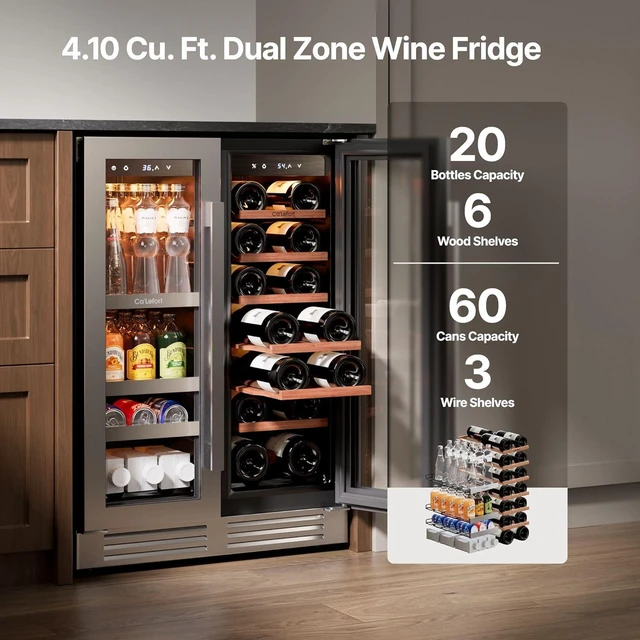 Alt view image 2 of 7 - Ca'Lefort 24 Inch Wine and Beverage Refrigerator Cooler, 60 Cans and 20 Bottles Dual Zone Wine Fridge with Glass French Door, 3 Color LED, 36-72°F Built-in or Freestanding for Home Bar Kitchen Office