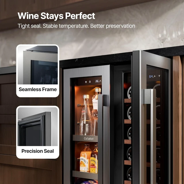 Alt view image 5 of 7 - Ca'Lefort 24 Inch Wine and Beverage Refrigerator Cooler, 60 Cans and 20 Bottles Dual Zone Wine Fridge with Glass French Door, 3 Color LED, 36-72°F Built-in or Freestanding for Home Bar Kitchen Office