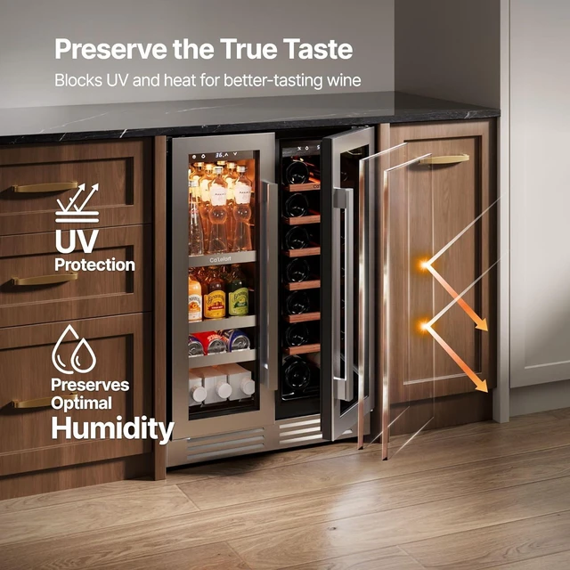 Alt view image 3 of 7 - Ca'Lefort 24 Inch Wine and Beverage Refrigerator Cooler, 60 Cans and 20 Bottles Dual Zone Wine Fridge with Glass French Door, 3 Color LED, 36-72°F Built-in or Freestanding for Home Bar Kitchen Office