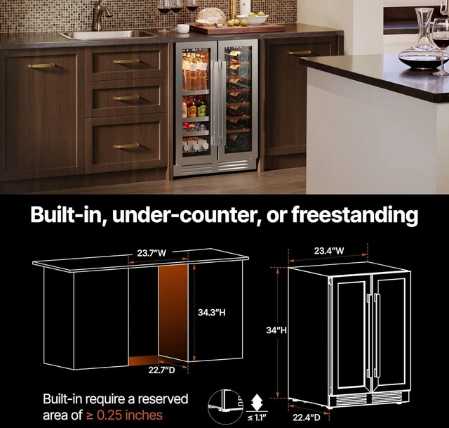 Alt view image 6 of 7 - Ca'Lefort 24 Inch Wine and Beverage Refrigerator Cooler, 60 Cans and 20 Bottles Dual Zone Wine Fridge with Glass French Door, 3 Color LED, 36-72°F Built-in or Freestanding for Home Bar Kitchen Office