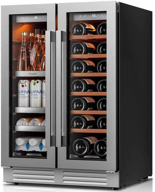 Main image of Ca'Lefort 24 Inch Wine and Beverage Refrigerator Cooler, 60 Cans and 20 Bottles Dual Zone Wine Fridge with Glass French Door, 3 Color LED, 36-72°F Built-in or Freestanding for Home Bar Kitchen Office