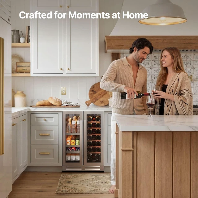 Alt view image 7 of 7 - Ca'Lefort 24 Inch Wine and Beverage Refrigerator Cooler, 60 Cans and 20 Bottles Dual Zone Wine Fridge with Glass French Door, 3 Color LED, 36-72°F Built-in or Freestanding for Home Bar Kitchen Office