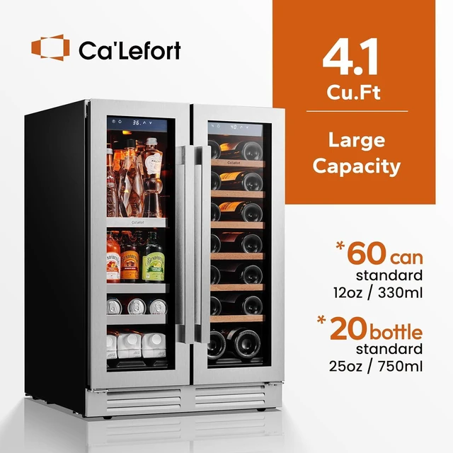 Alt view image 3 of 7 - Ca'Lefort 24 Inch Wine and Beverage Refrigerator, 60 Can and 20 Bottle Dual Zone Wine Fridge with Glass French Door, Adjustable Shelves, Built-in/Freestanding for Home Kitchen, Bar, Office (4.1 cu.ft)