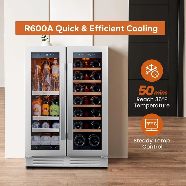 Alt view image 5 of 7 - Ca'Lefort 24 Inch Wine and Beverage Refrigerator, 60 Can and 20 Bottle Dual Zone Wine Fridge with Glass French Door, Adjustable Shelves, Built-in/Freestanding for Home Kitchen, Bar, Office (4.1 cu.ft)