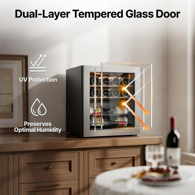 Alt view image 6 of 7 - Ca'Lefort 12 Bottle Wine Cooler Refrigerator, 1.63 cu.ft Mini Wine Fridge with Double-Pane Glass Door, 3 Color LED Lights, Adjustable Shelves, 37-65°F Freestanding/Under-counter for Home Bar Office