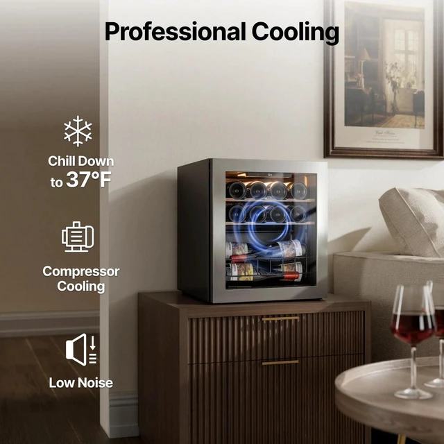 Alt view image 5 of 7 - Ca'Lefort 12 Bottle Wine Cooler Refrigerator, 1.63 cu.ft Mini Wine Fridge with Double-Pane Glass Door, 3 Color LED Lights, Adjustable Shelves, 37-65°F Freestanding/Under-counter for Home Bar Office