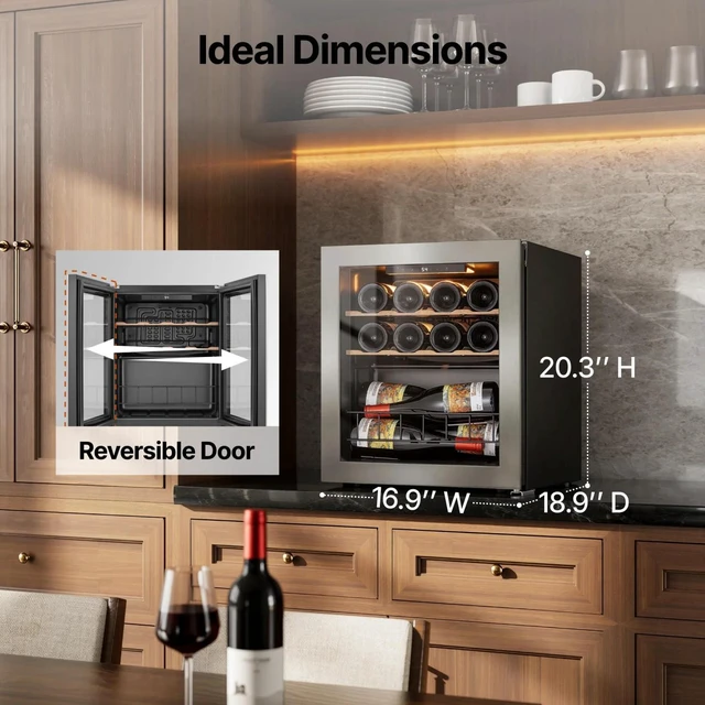 Alt view image 2 of 7 - Ca'Lefort 12 Bottle Wine Cooler Refrigerator, 1.63 cu.ft Mini Wine Fridge with Double-Pane Glass Door, 3 Color LED Lights, Adjustable Shelves, 37-65°F Freestanding/Under-counter for Home Bar Office