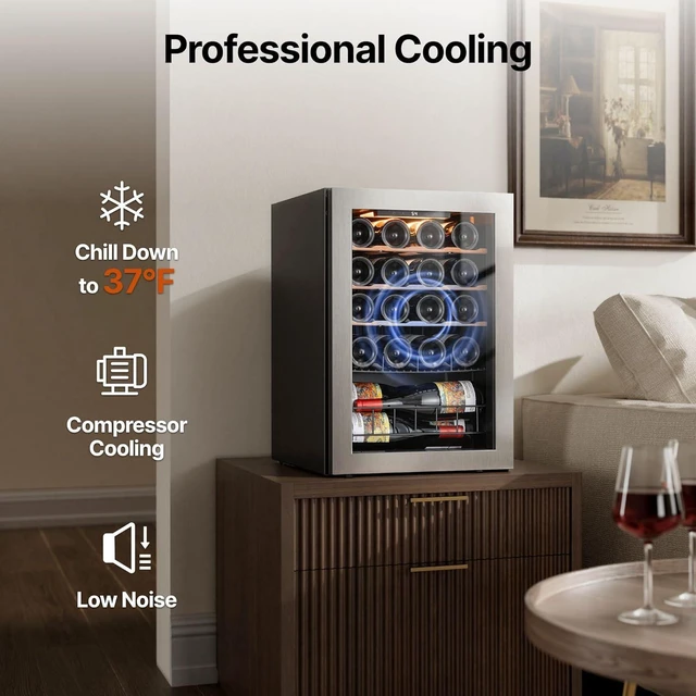 Alt view image 5 of 7 - Ca'Lefort 20 Bottle Wine Cooler Refrigerator, 2.2 cu.ft Mini Wine Fridge with Double-Layer Glass Door, 4 Adjustable Shelves, 3 Color LED Lights, 37-65°F Freestanding/Countertop for Home Bar Office