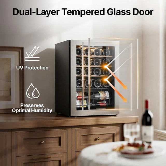 Alt view image 6 of 7 - Ca'Lefort 20 Bottle Wine Cooler Refrigerator, 2.2 cu.ft Mini Wine Fridge with Double-Layer Glass Door, 4 Adjustable Shelves, 3 Color LED Lights, 37-65°F Freestanding/Countertop for Home Bar Office