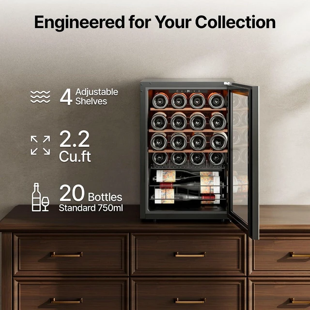 Alt view image 3 of 7 - Ca'Lefort 20 Bottle Wine Cooler Refrigerator, 2.2 cu.ft Mini Wine Fridge with Double-Layer Glass Door, 4 Adjustable Shelves, 3 Color LED Lights, 37-65°F Freestanding/Countertop for Home Bar Office