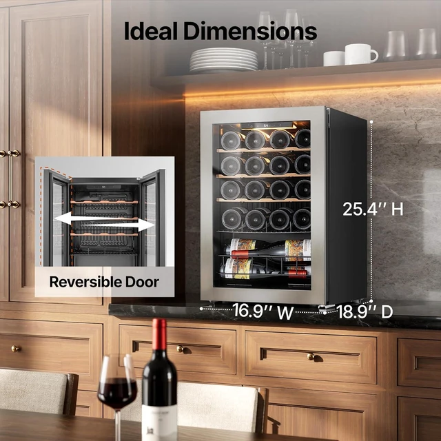 Alt view image 2 of 7 - Ca'Lefort 20 Bottle Wine Cooler Refrigerator, 2.2 cu.ft Mini Wine Fridge with Double-Layer Glass Door, 4 Adjustable Shelves, 3 Color LED Lights, 37-65°F Freestanding/Countertop for Home Bar Office