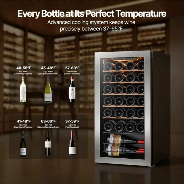 Alt view image 3 of 7 - Ca'Lefort 28 Bottle Wine Fridge, Wine Refrigerator Cooler with Double-Pane Glass Door, Adjustable Shelves, 37-65°F Digital Temperature Control, Freestanding/Countertop for Home Bar Office, 3.11 Cu.ft