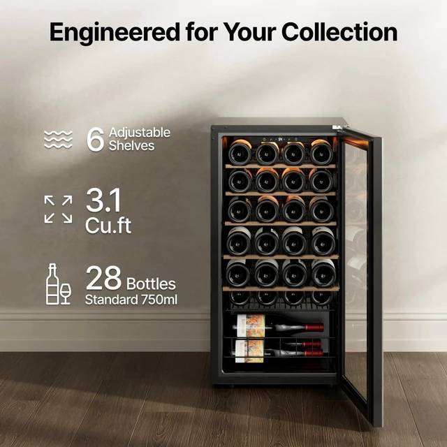 Alt view image 2 of 7 - Ca'Lefort 28 Bottle Wine Fridge, Wine Refrigerator Cooler with Double-Pane Glass Door, Adjustable Shelves, 37-65°F Digital Temperature Control, Freestanding/Countertop for Home Bar Office, 3.11 Cu.ft