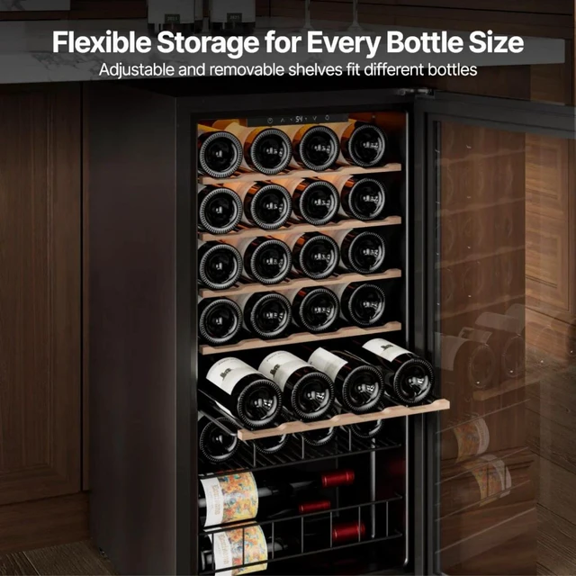 Alt view image 4 of 7 - Ca'Lefort 28 Bottle Wine Fridge, Wine Refrigerator Cooler with Double-Pane Glass Door, Adjustable Shelves, 37-65°F Digital Temperature Control, Freestanding/Countertop for Home Bar Office, 3.11 Cu.ft