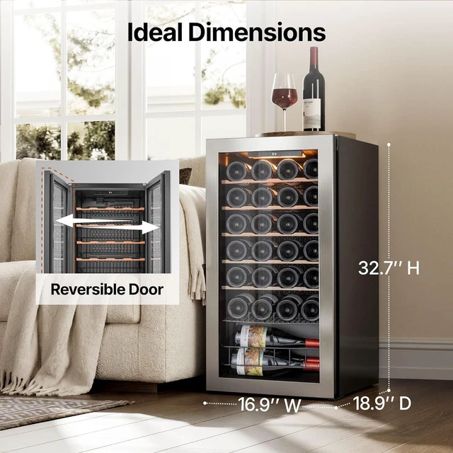 Alt view image 7 of 7 - Ca'Lefort 28 Bottle Wine Fridge, Wine Refrigerator Cooler with Double-Pane Glass Door, Adjustable Shelves, 37-65°F Digital Temperature Control, Freestanding/Countertop for Home Bar Office, 3.11 Cu.ft